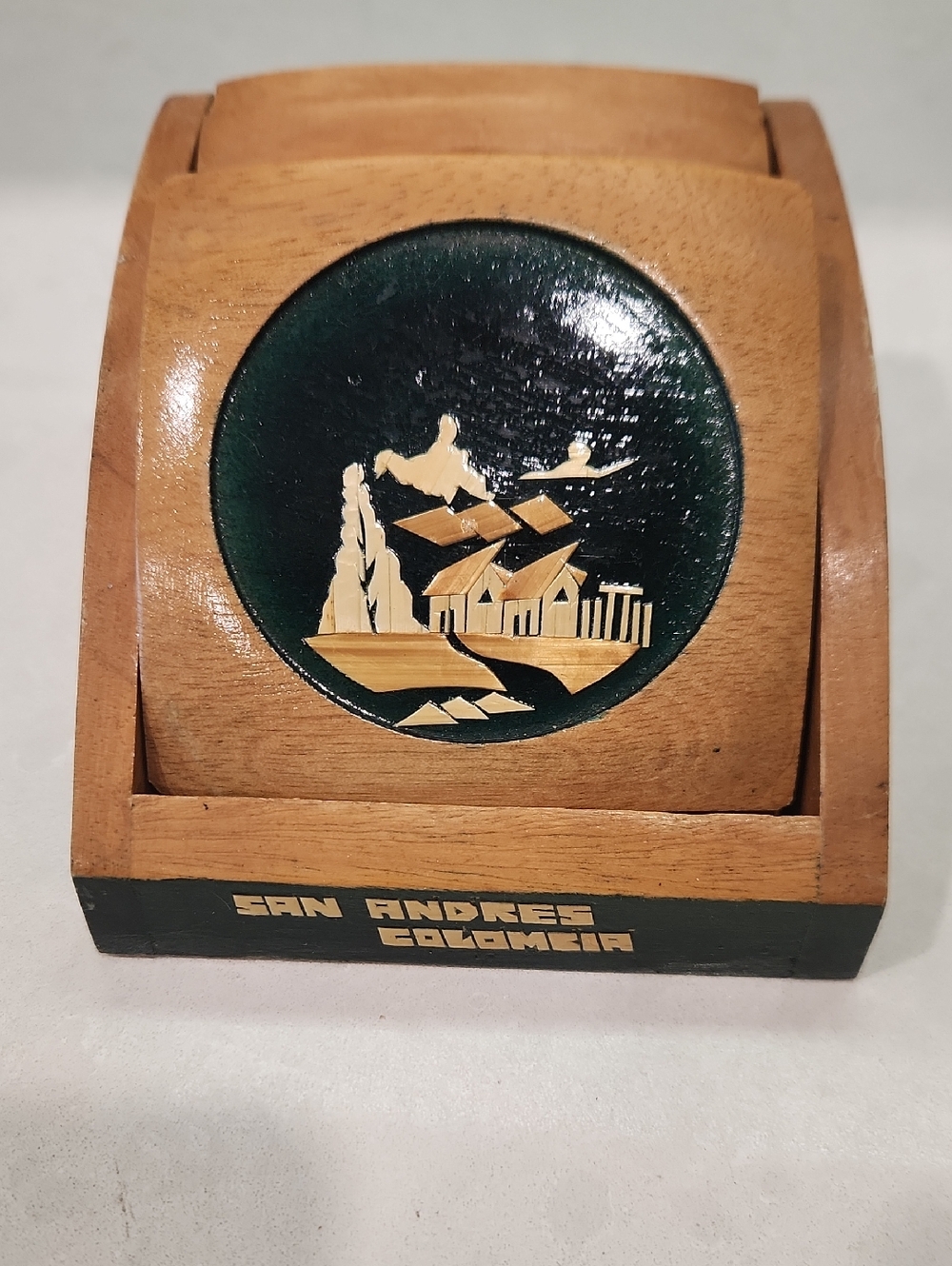Wooden Souvenir Coaster Set with Scenic Inlay - San Andres Colombia